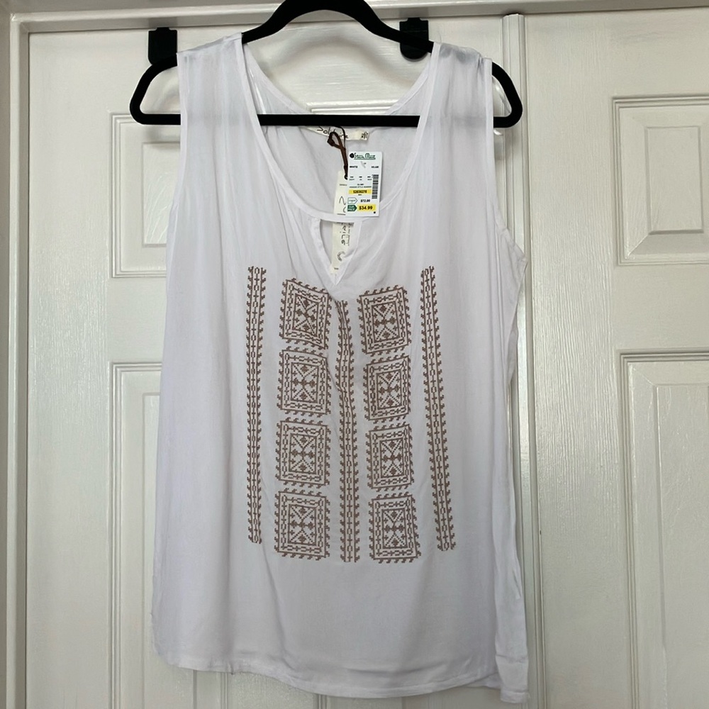 Solitaire White Tan Embellished Sleeveless Tank Top